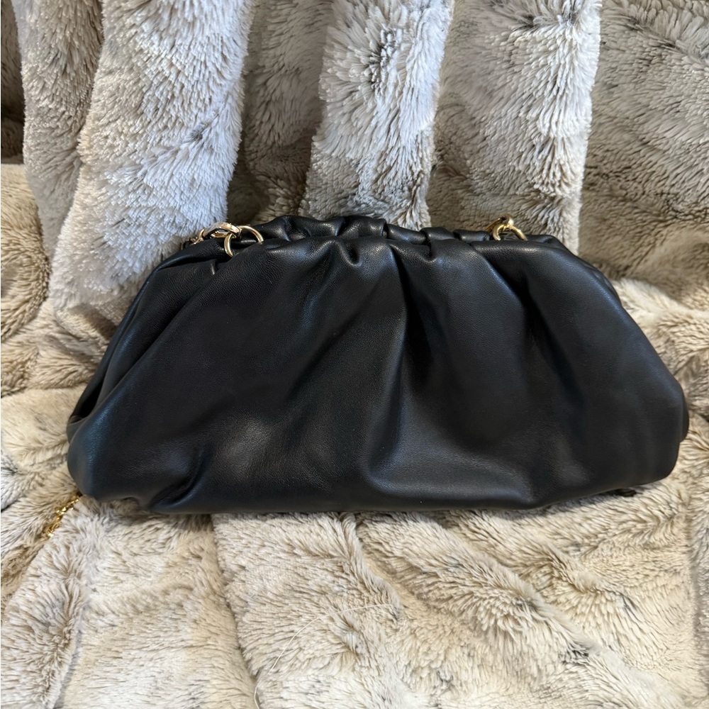 INC Black Faux Leather Clutch with Gold Chain Strap - Picture 2 of 5